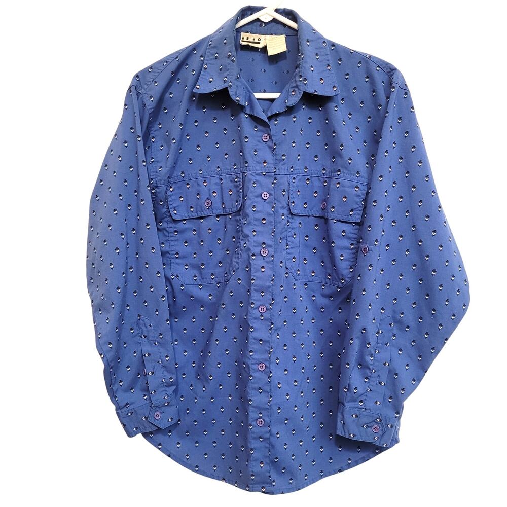 Ilio Vintage Blue Long Sleeve Button‑Up Shirt M Abstract Micro Pattern Retro